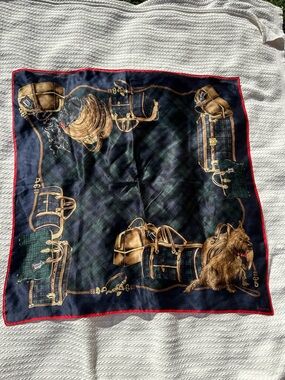 Navy Plaid Equestrian Scarf with Dog & Travel Motif